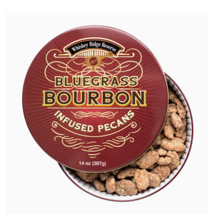 Tin of Bluegrass Bourbon Infused Pecans with decorative label