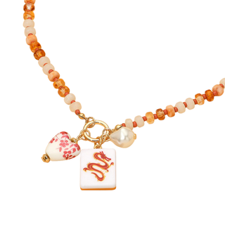 Mahjong Tile Charm Pendant Beaded Necklace