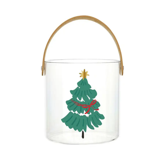 A clear glass bucket-style container with a light wood handle and a printed green Christmas tree with a gold star and red bow on the front, shown on a white background.